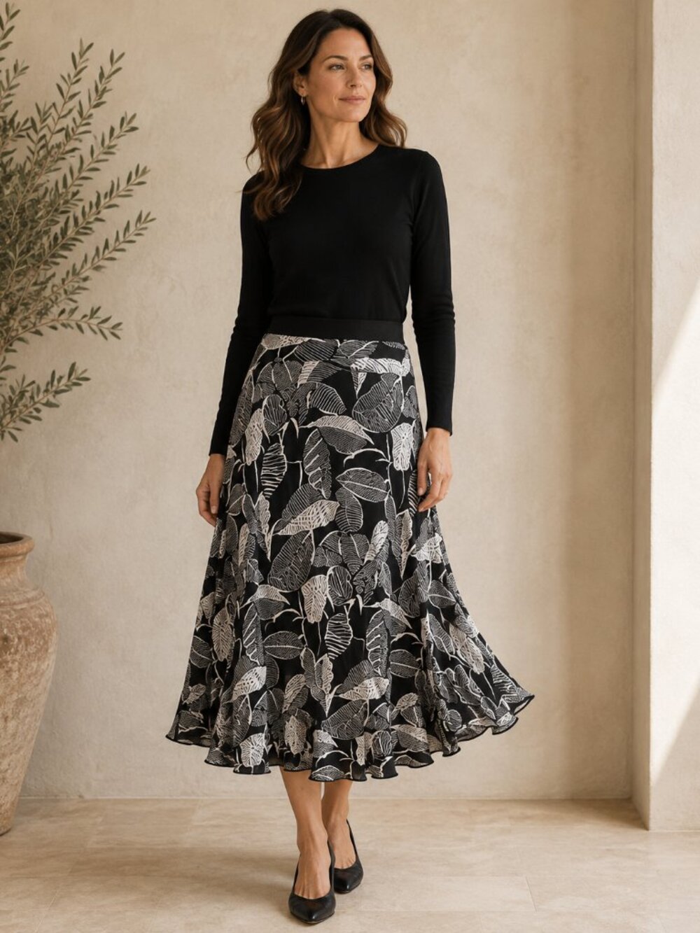 Jones New York 100% Silk Midi Skirt Women 14 Black White Leaf Print Flowy Office